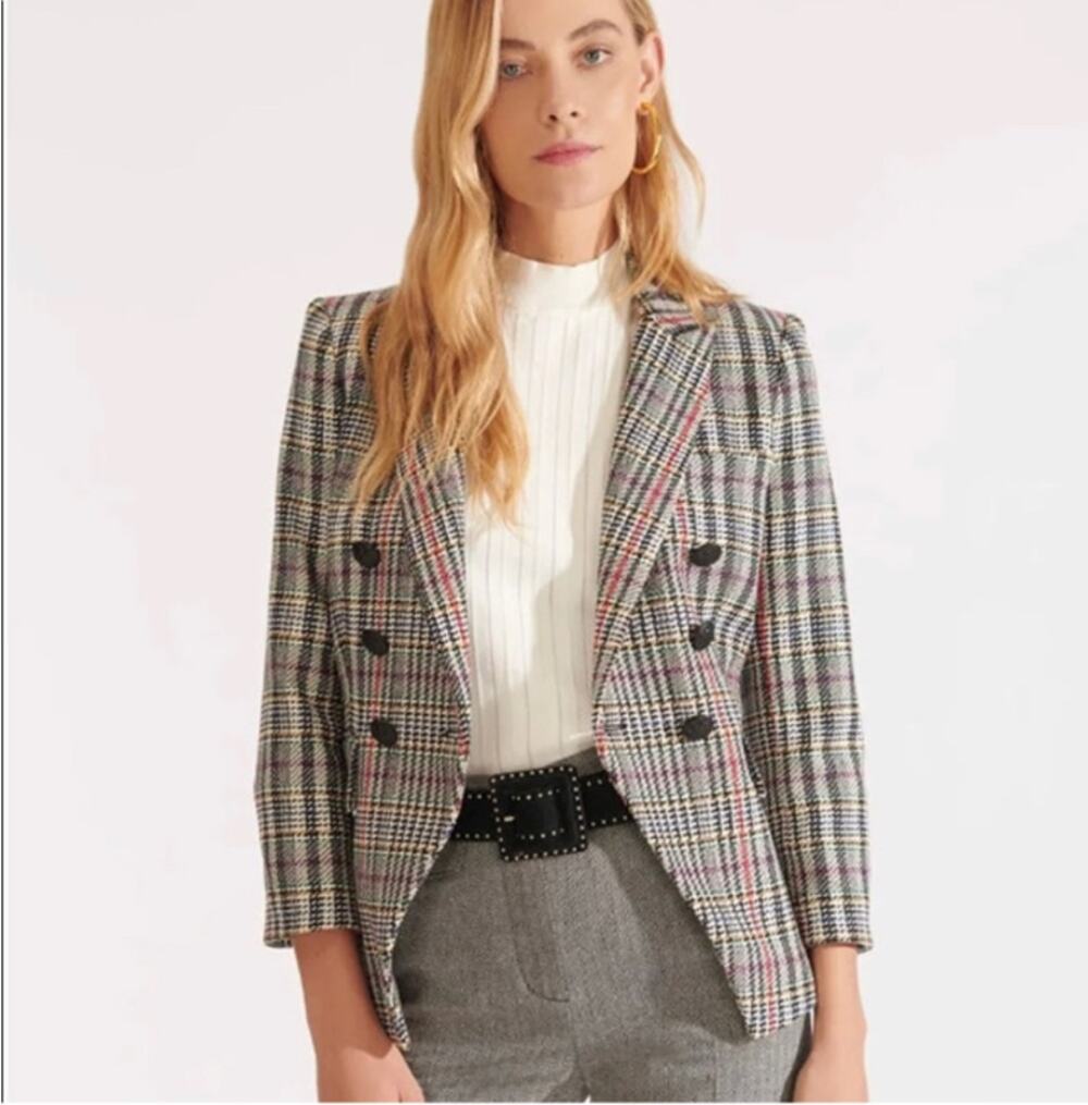Veronica Beard Empire Double Breasted Dickey Jacket Blazer 6 Plaid Structured